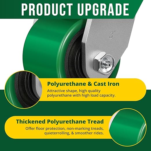3 Inch Caster Wheels, Heavy Duty Caster with Strong Load-Bearing, Polyurethane Wheel on Steel Hub, Supports 800 lbs Each(4 Brake)