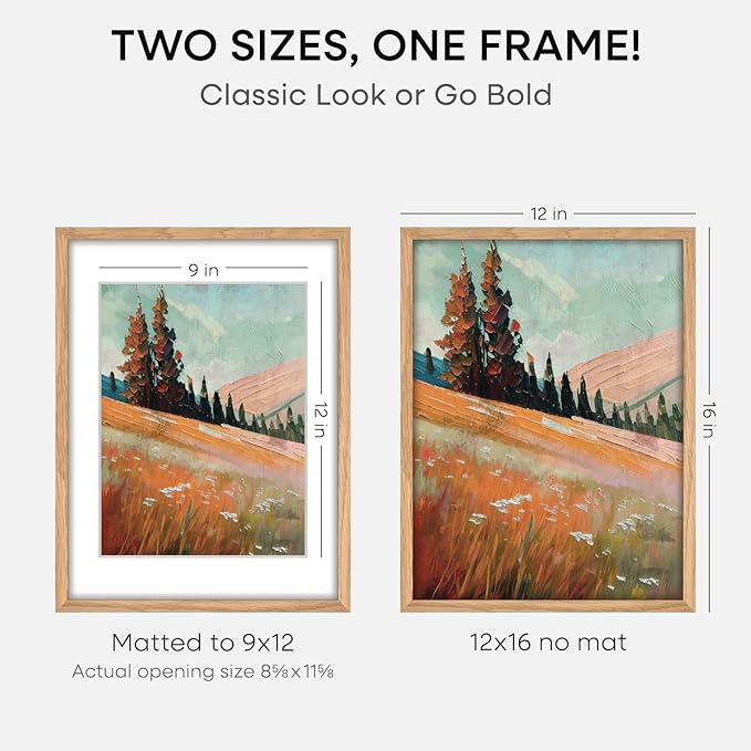 Homeforia 12x16 Wood Frame, High End Natural Oak 12x16 Light Wooden Picture Frame with Mat 9x12, 12 x 16 Poster Frames Matted to 9 by 12 Photo, 16x12 Hanging Frames, Tempered Glass, Wall Kit, Set of 4