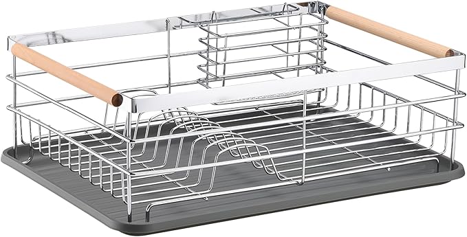 Navaris Dish Rack - Compact Drying Kitchen Board with Drip Tray & Cutlery Holder - Easy to Assemble and Clean Dishes - Sink Drainer Rack - Silver with Wooden Handles