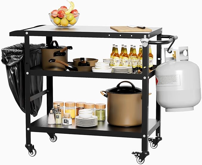 Xilingol Outdoor Grill Cart, Pizza Oven Stand Table with Wheels for Outside Patio, Heavy Duty Movable Outdoor Cooking Prep Table BBQ Cart for Backyard, Camping and Parties