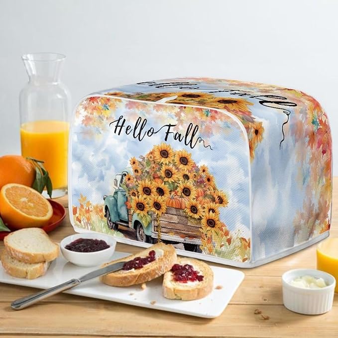 UNICEU Hello Fall 2 Slice Quilted Toaster Covers, Farmhouse Truck with Sunflower Dust-proof Bread Maker Cover, Kitchen Small Appliance Dust Cover