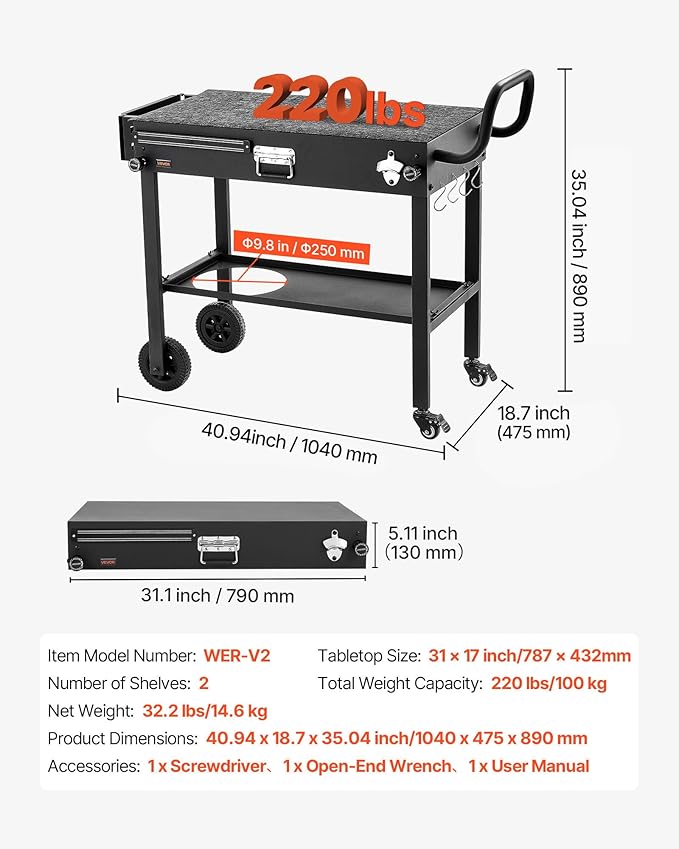 VEVOR Outdoor Grill Cart, 31.0 x 17.0 inch Tabletop Size Grilling Table, Foldable Outdoor Cooking Table with Tissue Holder, Wheels, Magnetic Tool Rack, BBQ Prep Tables for Picnic, Kitchen, Courtyard