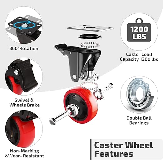 Nefish Casters Wheels Set of 4, 3 Inch Heavy Duty Caster with Brake 1200 Lbs, Safety Dual Locking Plate Castors, Top Swivel Wheels, No Noise Polyurethane for Furniture, Dollies, Trolleys (LJ-PC-3IN)