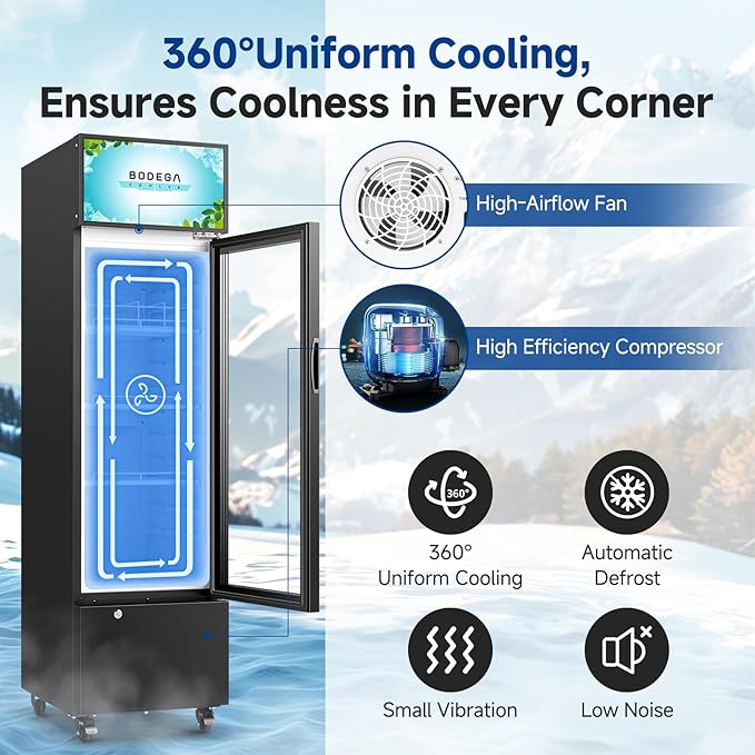 BODEGACOOLER Commercial Refrigerators, Drink Fridge with Glass Door, Tall Beverage Cooler, Single Door Display Refrigerator, for Beer, Soda, 6.34 Cu.ft Capacity