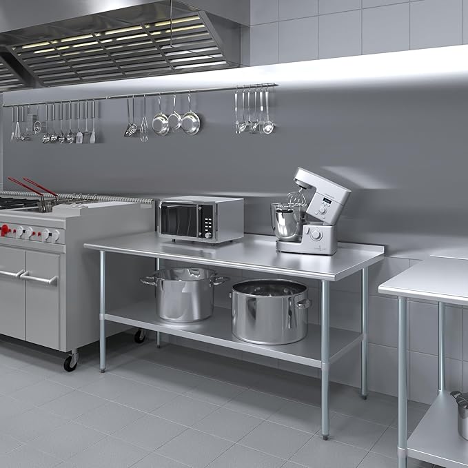 AmGood Stainless Steel Work Table with 1.5" Backsplash | Metal Kitchen Food Prep Table | NSF (72" Long x 30" Deep)