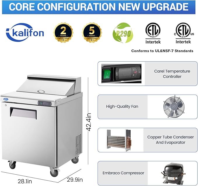 27" W 1 Door Refrigerator Sandwich Salad Prep Table Commercial Stainless Steel Fan Cooling Refrigerator with Cutting Board, 1 Shelves & 8 Pans for Restaurant, Bar, Shop-7.4 Cu.ft