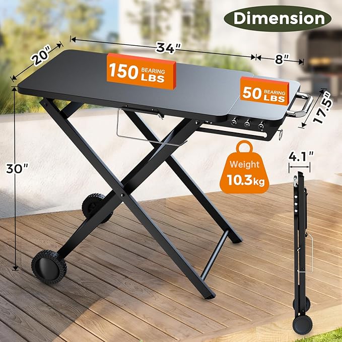 Grill Table Stand for Blackstone 17” & 22” Griddle, Ninja Woodfire Outdoor Grills, Ooni Pizza Oven, 34"x20" Foldable Grill Cart with Wheels and Handle for Camping & Backyard BBQ