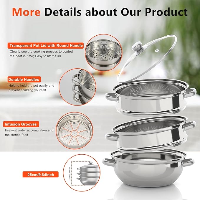 Steamer 28cm/11.02in, 3-tier Polished Stainless Steel Steam Cooker w/Clear Glass Lid & Handles, Round Stackable Multipurpose Steam Pot for All Stoves, 12.8 * 9.84in (1xBottom Pot, 2xSteamer Baskets)