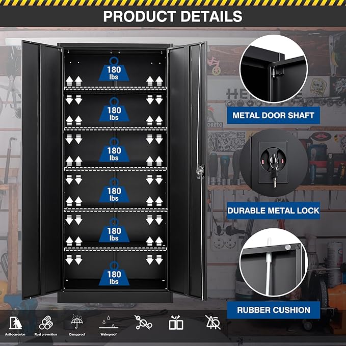 Metal Storage Cabinet-71” Tall Steel File Cabinets with Lockable Doors and Adjustable Shelves-Black Steel Storage Cabinet for Home,Kitchen, School, Office, Garage