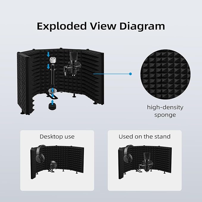 Microphone Isolation Shield – Foldable & Adjustable Soundproof Panel for Recording, Podcasting, Vocal Booth, Studio & Home Use (Five sides without stand)