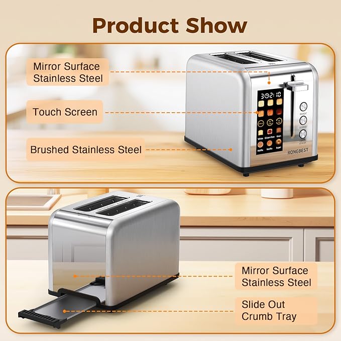 2 Slice Easy Touch Screen Toaster, Stainless Steel Toaster with Wide Slots, Even Toasting for Bagels & Bread, Reheat & Defrost, Removable Crumb Tray, Silver