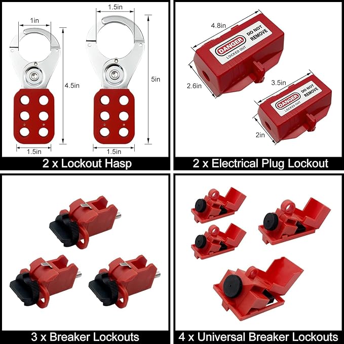 Lockout Tagout Kit Electrical Loto - Clamp-On Circuit Breaker Lockout, Group Lockout Hasps, Lockout Tag, Universal Multi- Pole Breaker with Pocket Bag (Bigger Red Kit)