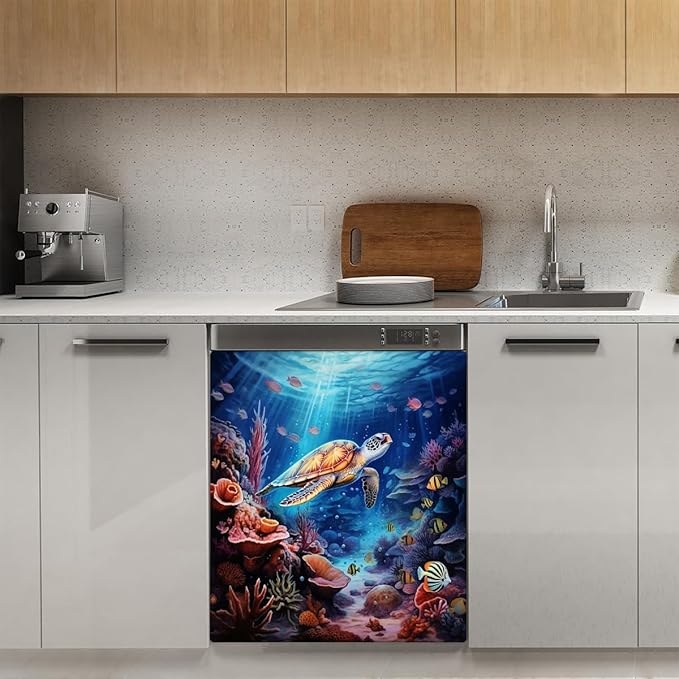 Marine Animals Sea Turtle Starfish Dishwasher Magnet Cover for Door Front, Dishwasher Panel Decal Reuseable Refrigerator Magnet Cover Decal Fridge Stickers Home Decor, 23 x 26 Inch