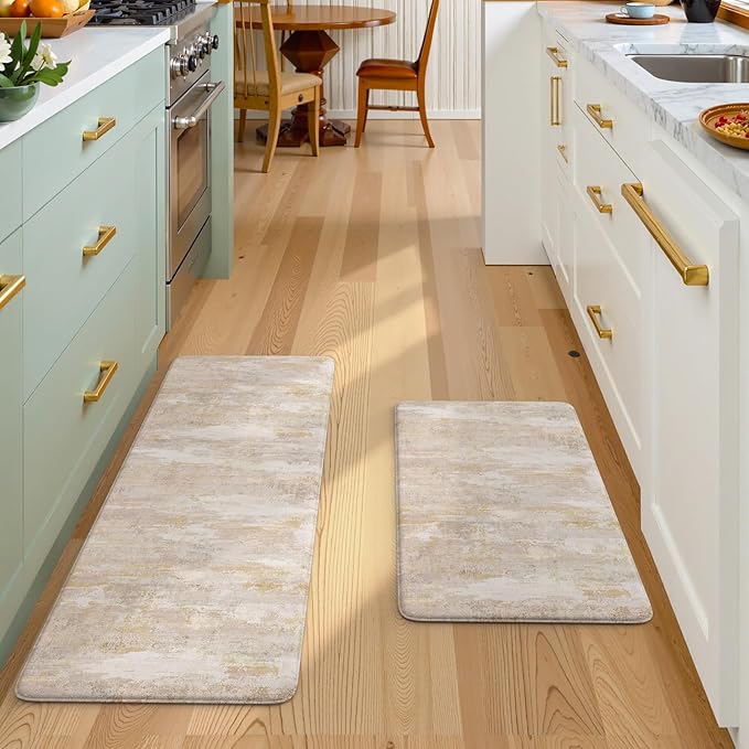 Collive Kitchen Mats Cushioned Anti Fatigue, Abstract Kitchens Floor Mat Non Slip Desk Rugs Waterproof, Beige Memory Foam Comfort Standing Rug for Sink, Home Decor, 17"x59"+17"x29"