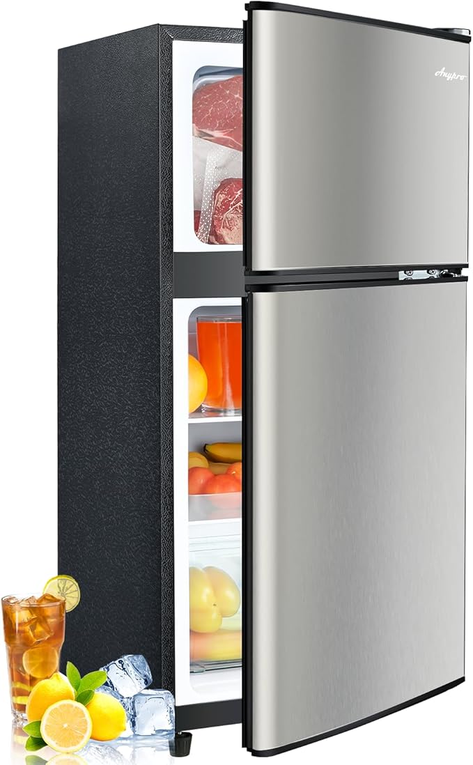 3.2 Cu.Ft Double Door Fridge with Freezer, 2 Door Portable Refrigerator for Bedroom, Office, Dorm and Apartment with 7 Temperature Control, LED Light, Adjustable Remove Glass Shelves, Silver
