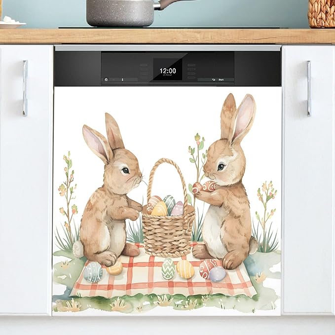 Dishwasher Magnet Cover, Easter Rabbits Picnic Magnet Sticker Fridge Panel Decal for Home Kitchen Decor, 23x26in