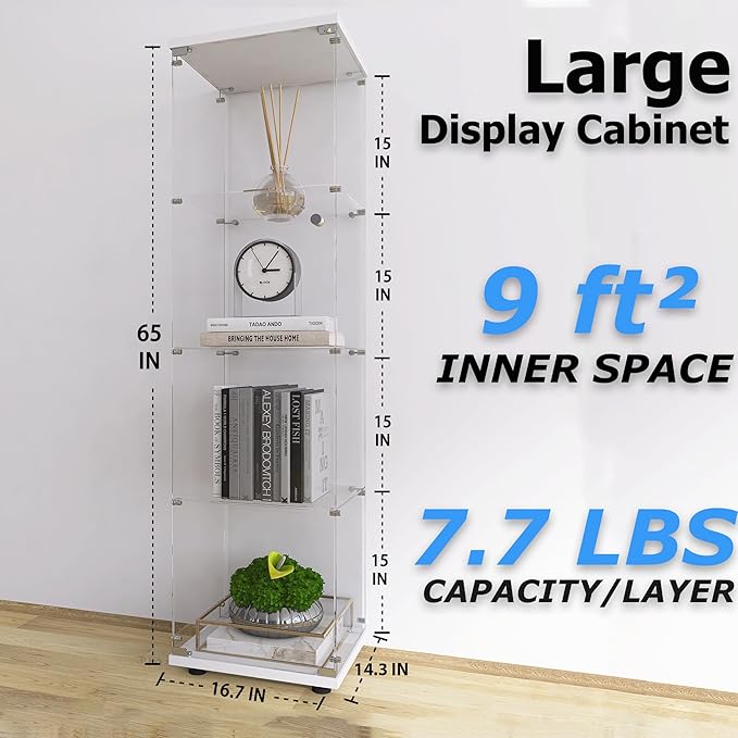 4-Shelf Glass Display Cabinet, Floor Standing Curio Bookshelf with Door & Locks, Toys & Trophy Display Case, for Living Room, Kitchen, Bedroom, Exhibition Hall (White)