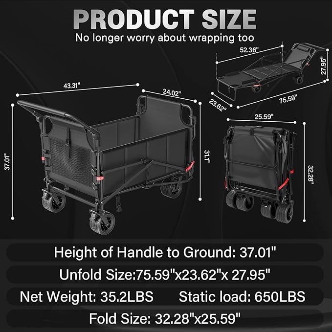 LEVELEVE Heavy Duty Folding Wagon - 2-in-1 Collapsible Cart, 650lb Capacity, All-Terrain Wheels w/Brakes & Side Pockets (Dark Gery)