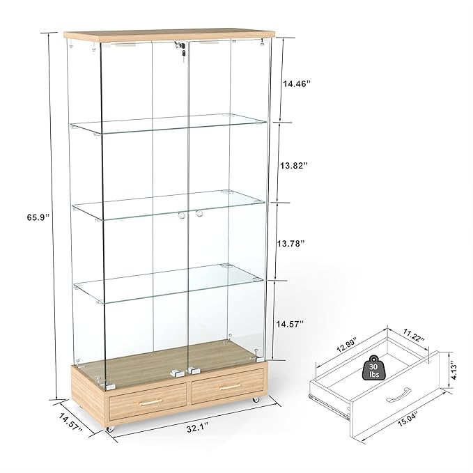 Yoluckea 4 Tier Glass Display Cabinet with LED Lighting and 2 Drawers, 2 Doors Floor Standing Curio Cabinet with Wheel for Home, Office,Corner Display,Natural Glass Bookshelf for Collections and Decor