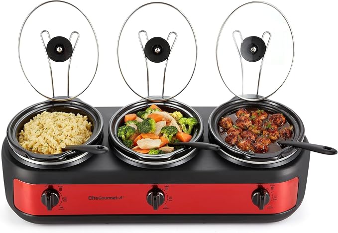 Elite Gourmet EWMST-325R Maxi-Matic Triple Slow Cooker Buffet Server Adjustable Temp Dishwasher-Safe Oval Ceramic Pots, Lid Rests, 3 x 2.5 Qt Capacity, Red