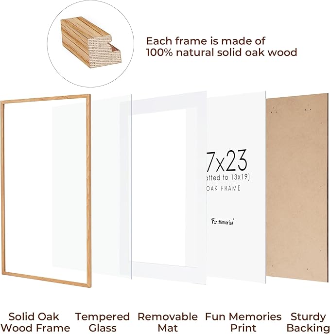 17x23 Picture Frame, Solid Oak Wood Poster Frame, Photo Frame for Wall 17x23 Matted to 13x19, Tempered Real Glass, Photo Frame for Vertical or Horizontal Hanging, (Natural Oak Color, 1 Pack)