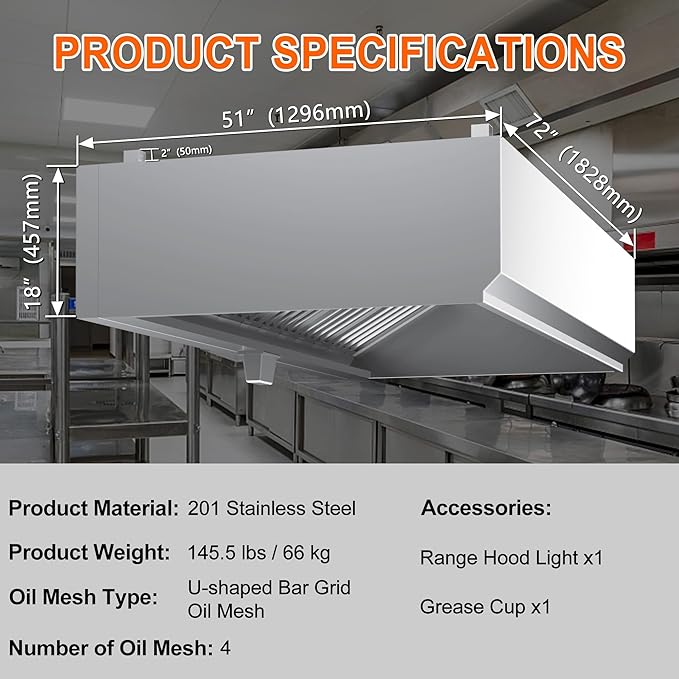 Low Profile Exhaust Hood System Includes a 6FT Stainless Steel Commercial Exhaust Hood and an 1HP Restaurant Canopy Hood Grease Rated Exhaust Fan