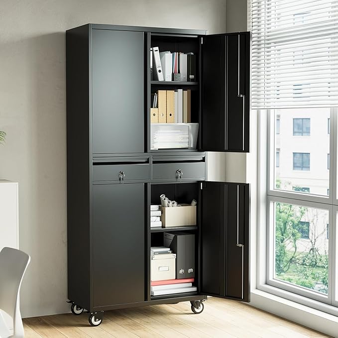 GarveeHome 73'' Metal Storage Cabinet, Heavy Duty Garage Storage with Wheels, Locking Doors and 2 Drawers, Adjustable Shelves, Black