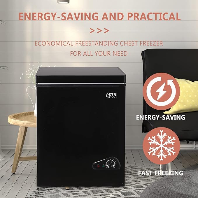 3.5 Cu.Ft Compact Chest Freezer with Removable Basket, Top Door Open Freestanding Deep Freezer with 7 Gears Temperature Adjustment, Ideal for Home, Kitchen & Office, Black