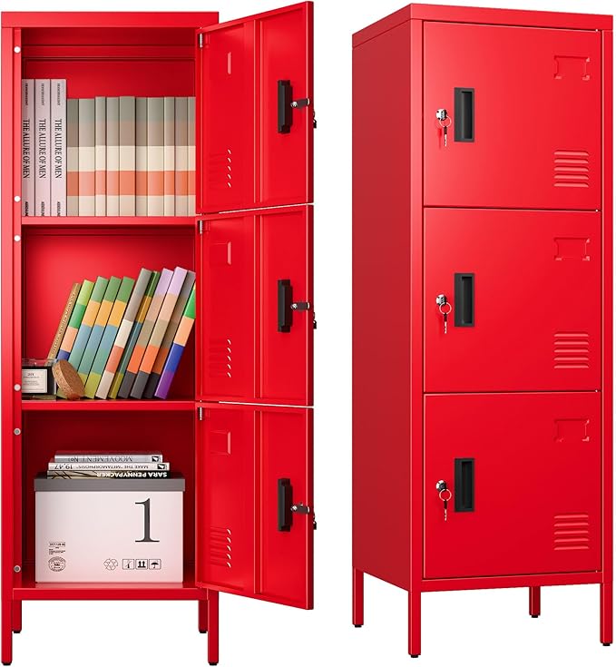 METAN Metal Storage Employees Locker with 3 Lockable Doors,47''H*16''W*16''D Locking Storage Cabinets for Small Spaces,Home,School,Gym,Assembly Required,Red