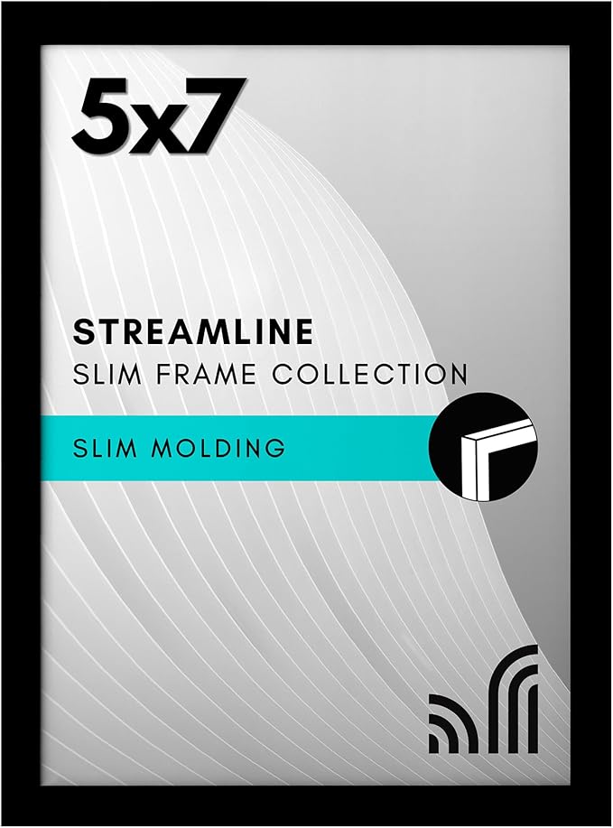 Americanflat 5x7 Picture Frame with Shatter-Resistant Glass - Streamline Collection - Thin Border Photo Frame for Tabletop and Wall Display - Hanging Hardware and Easel Stand Included - Black
