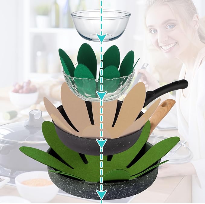 Queekay 12 Pcs Felt Pot and Pan Protectors 12/14/16 Inch Larger Thicker Pan Protector Pads, Colorful Pot Separators for Stacking Cookware Organizing Protecting (Khaki Green)