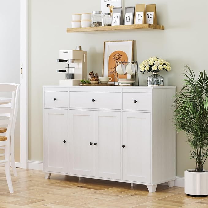 HIFIT Buffet Cabinet White Sideboard Storage Cabinet with 3 Drawers & 4 Doors Adjustable Shelves, 47” Modern Coffee Bar Cabinet, Wood Accent Cabinet for Kitchen Cupboard Dining Living Room