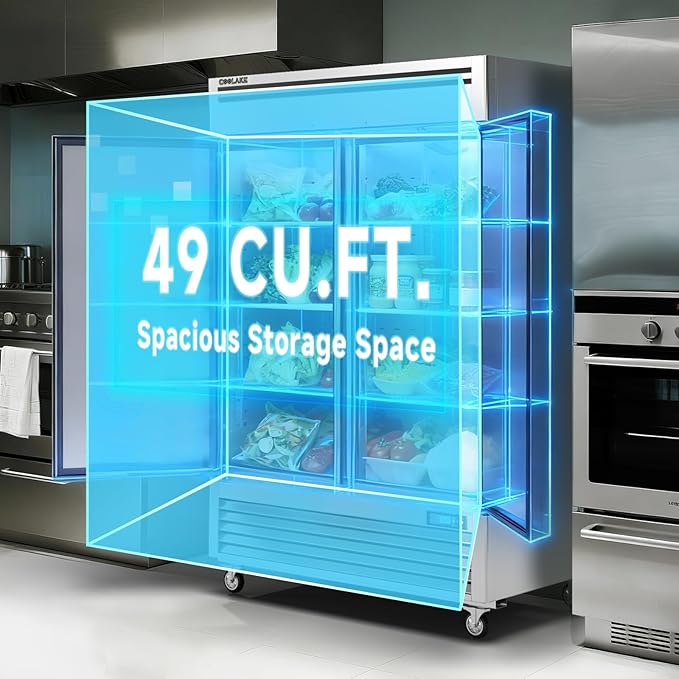 Coolake 49 Cu Ft Commercial Refrigerator, 54.4" W 2 Door Upright Fridge with 8 Adjustable Shelves, Frost-free Stainless Steel Industrial Reach-in Refrigerator for School Restaurant Church Prep Kitchen