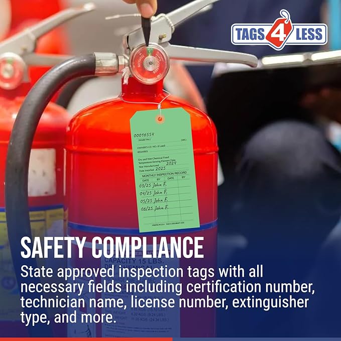 Tags 4 Less Custom Fire Extinguisher Tags – Preventative Maintenance Labels for Monthly Inspections, Alternative to Safety Sticker for Easy Record-Keeping – Pack of 100 (Light Green, Cardboard)