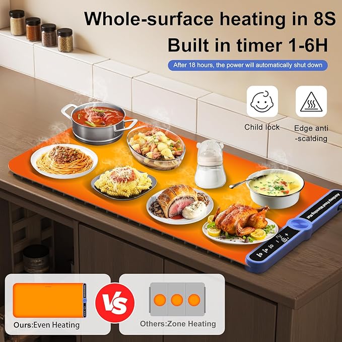 Warming Mat for Food Large Silicone Food Warmers for Parties Buffet L:32''X15'' 450W Max 248°F Portable Rolled-up Even Heating in 8S 9-Level Temp Auto Power Off Child Lock-Beige