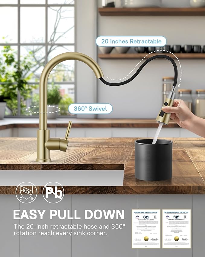 WEWE Kitchen Faucets with Pull Down Sprayer, Stainless Steel Single Handle 1 Hole for Family Kitchen Commercial Camper Laundry Rv Bar, Gold
