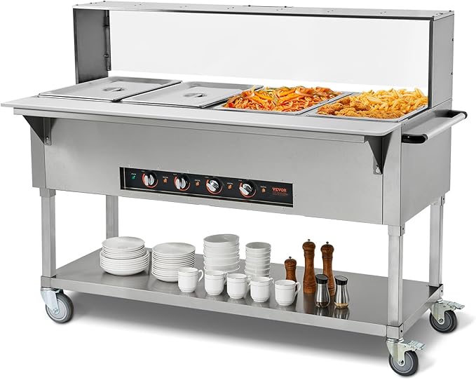 VEVOR 4-Pan Commercial Food Warmer, 4 x 20.6QT Electric Steam Table, 2000W Professional Buffet Catering Food Warmer with Acrylic Sneeze Guard, Food Grade Stainless Steel Server for Party Restaurant