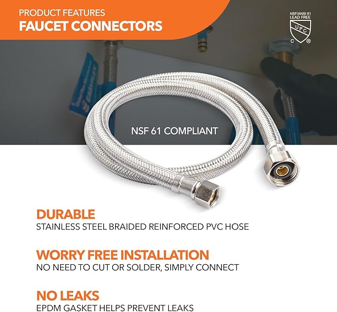 Stainless Steel Braided Water Connectors with Reinforced PVC Inner Hose for Faucets, 3/8" Compression x 1/2" FIP, 16" Length (5Pack)