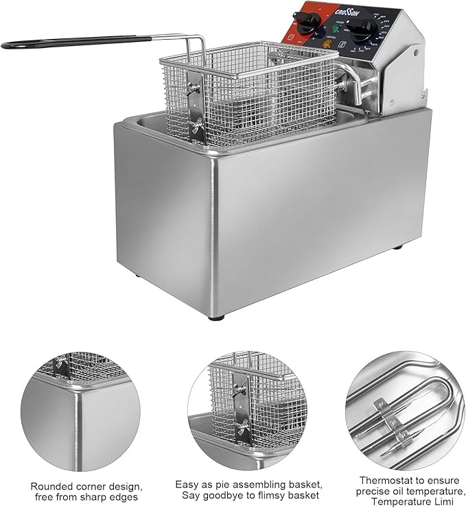 CROSSON 10Lbs Electric Countertop Deep Fryer with Easy Clean Rotary fryer head,30 Minitues Timer,Removable 304 SS Oil Tank with Handle,4.5L Deep Fryer With Basket for Home Use