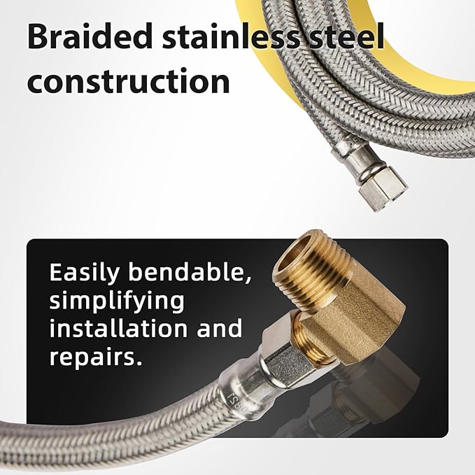 1 Pack Foskan 6FT Stainless Steel Dishwasher Hose With 3/8" Comp x 3/8" MIP 90° Elbow,Flexible Water Line Connector for Standard Dishwashers(HOSE012)