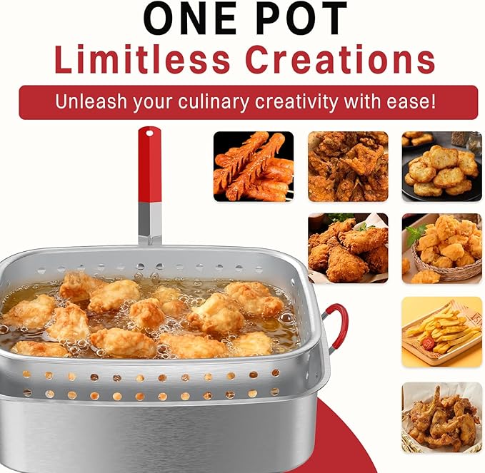 18QT Aluminum Deep Fryer Pot with Basket | Lid | 9" Fryer Tong | 6" Thermometer | Outdoor Fish Fryer Pot | Ideal for Frying Fish | French Fries | Chicken Wings