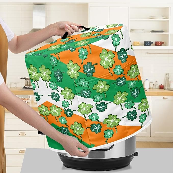 St.Patrick's Day Insulated Pressure Cooker Appliance Cover, Also Fit for Rice Cooker, Air Fryer and Crock Pot, 8 Qt Dust Cover with Pocket for Spoon/Cooking Utensils/Recipes,Green Leaves