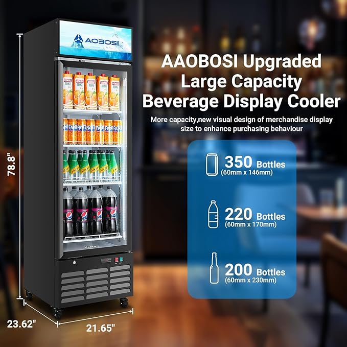 AAOBOSI Commercial Merchandiser Refrigerator,12.2Cu.Ft Glass Door Display Refrigerator,Upright Beverage Cooler Fridge with Soft LED Light, Customizable Lightbox,Universal Casters, Adjustable Shelves