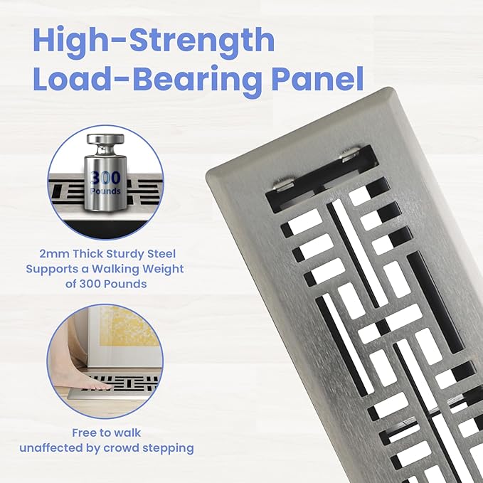 2x10 Inches 2 Pack Heavy Duty Walkable Floor Register Easy Adjust Air Supply Lever Floor Vents - Seattle Design - Vent Cover for Home Floor - Satin Nickel