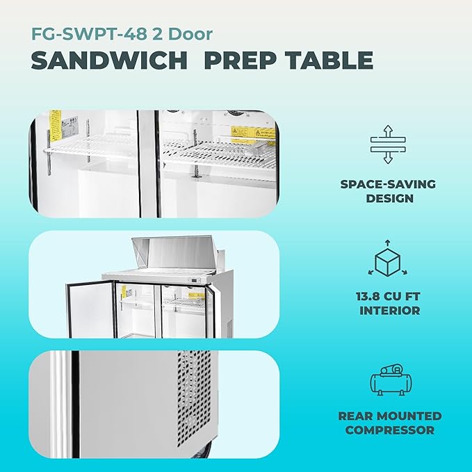 Frigos FG-SWPT-48 13.8 Cu Ft 2 Door Commercial Sandwich Prep Table Refrigerator - Stainless Steel Exterior with LED Lighting - Ideal for Commercial Kitchen Salad Bar Included Liftgate