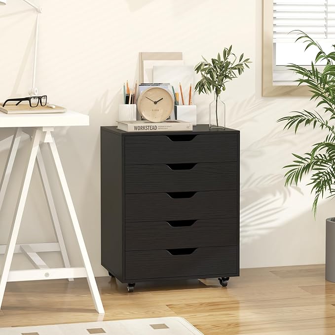 File Cabinet, Mobile Filing Cabinet w/Universal Wheels & 5 Drawers, Wood Printer Stand with Storage, Rolling File Cabinets for Home Office, Living Room, Bedroom (Black, 5 Drawers)