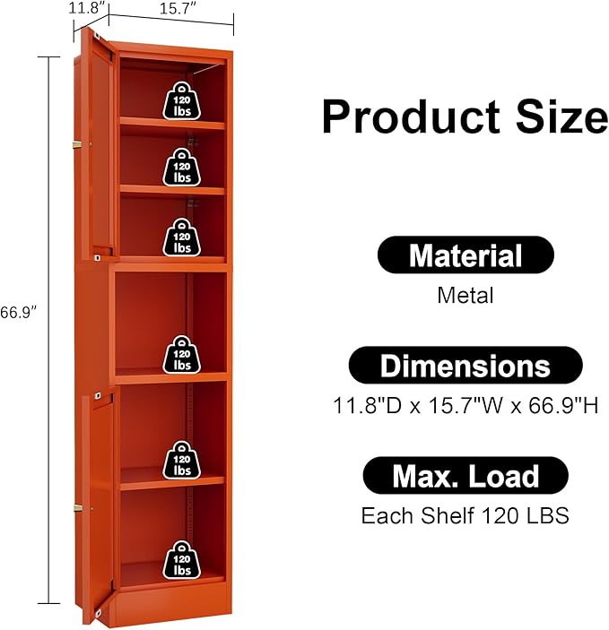 Metal Bathroom Storage Cabinet, Tall Narrow Cabinet with Glass Doors Ajustable Shelves Open Countertop, Slim Sideboard for Small Spaces, Living Room, Kicthen, Dining Room