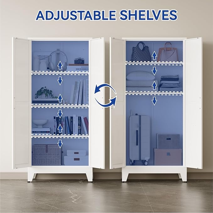 COFaR Metal Storage Cabinet, 61 in Tall Metal Cabinet with 3 Adjustable Shelves and Barn Doors, Farmhouse Cupboard Storage for Kitchen Pantry Garage Laundry, 4-Tier White