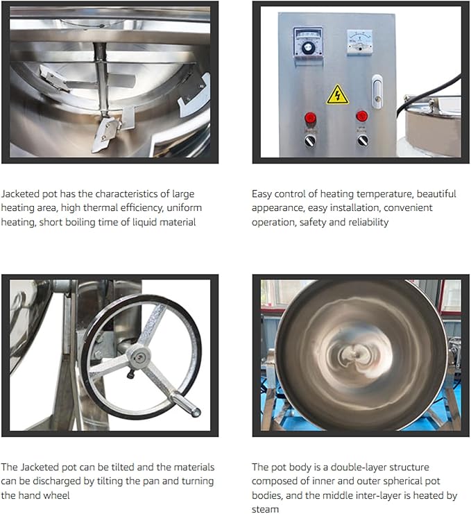 Jacketed Kettle 13.2Gallon/50L Sandwich Pot Large Electronic Tilting Sugar Jam Gas Boiling Machine Commercial Electric Jacketed Pot with Stirring and Edge Scraping 220V Three-phase 750W