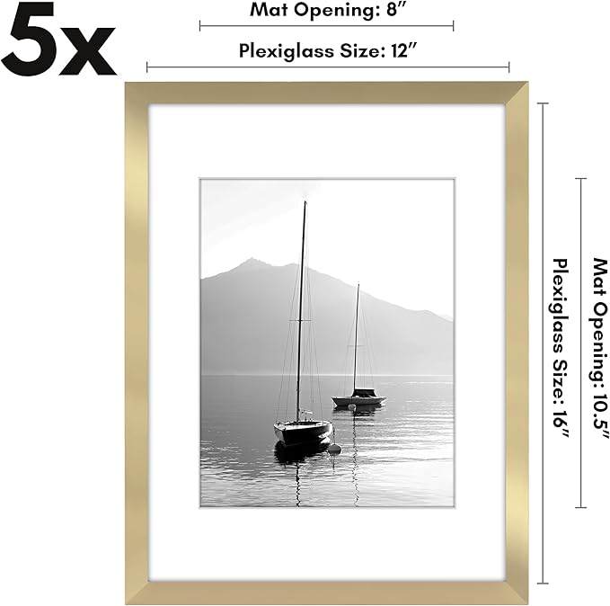Americanflat 12x16 Picture Frame with Polished Plexiglass - Set of 5 - Use as 8.5x11 Frame with Mat or Display 12x16 Photo Without Mat - Galleria Collection - Picture Frames for Wall Display - Gold